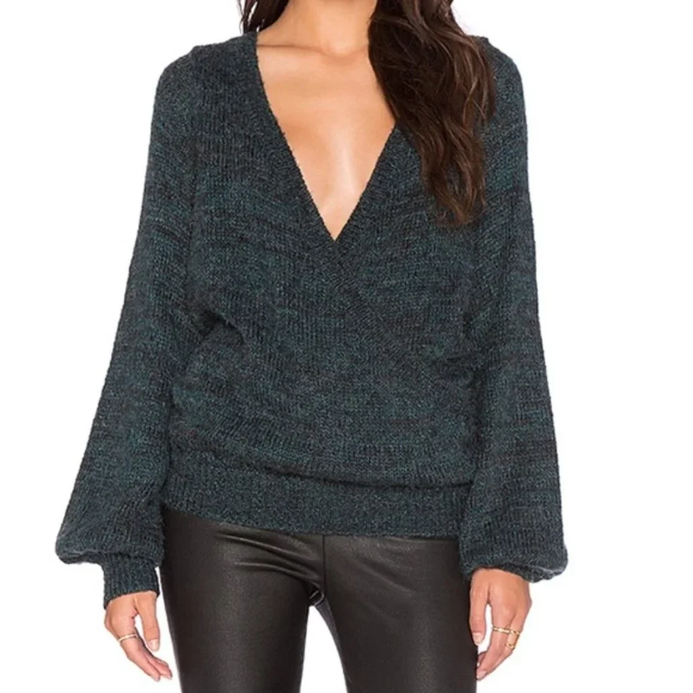 V-Neck Dolman Sleeve Sweater - Teal/Charcoal